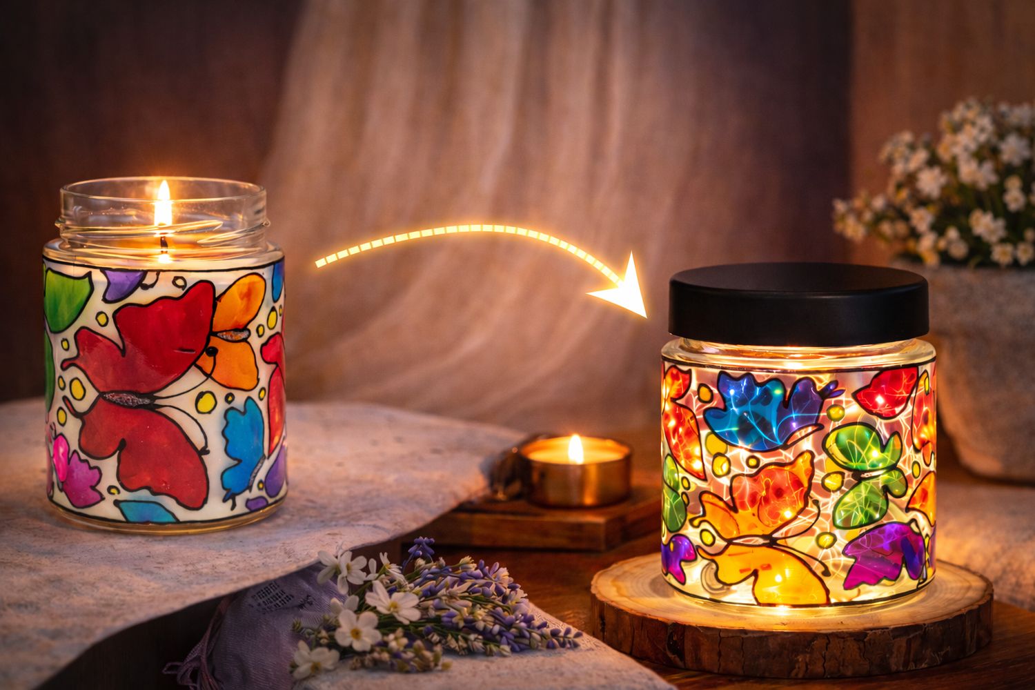 Același borcan pictat cu fluturi: întâi lumânare aprinsă, apoi lampă cu capac, luminată din interior