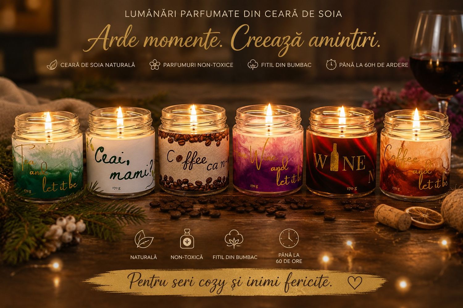 Șase lumânări cu mesaj aprinse pe o masă din lemn, printre boabe de cafea