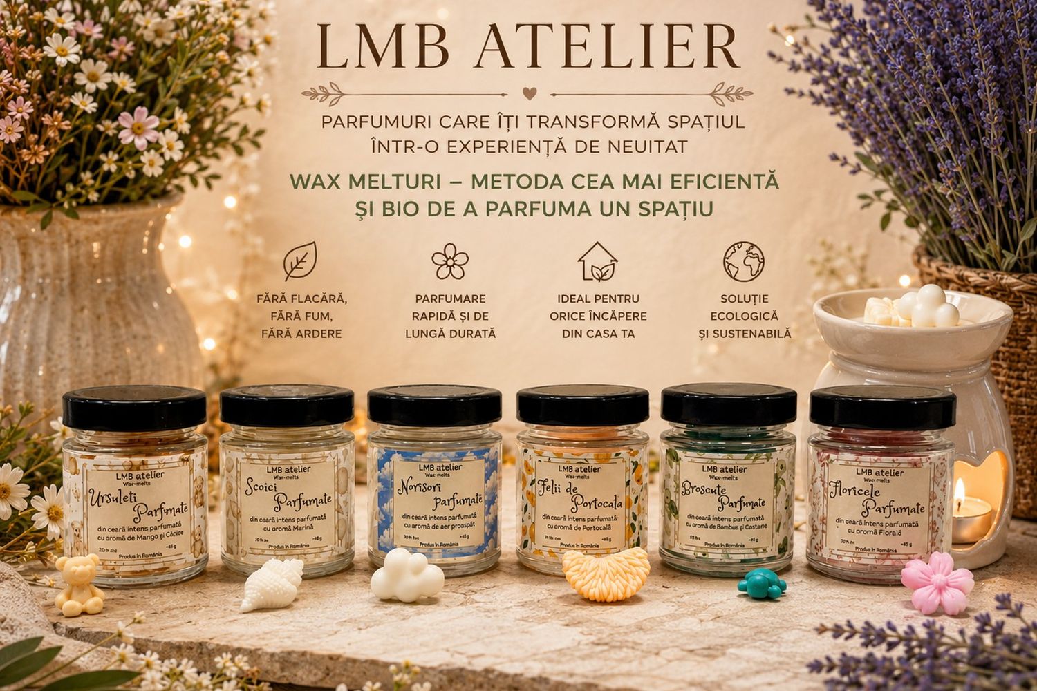 Șase borcănele de wax melts: ursuleți, scoici, norișori, felii de portocală, broscuțe și floricele, lângă un arzător de ceramică