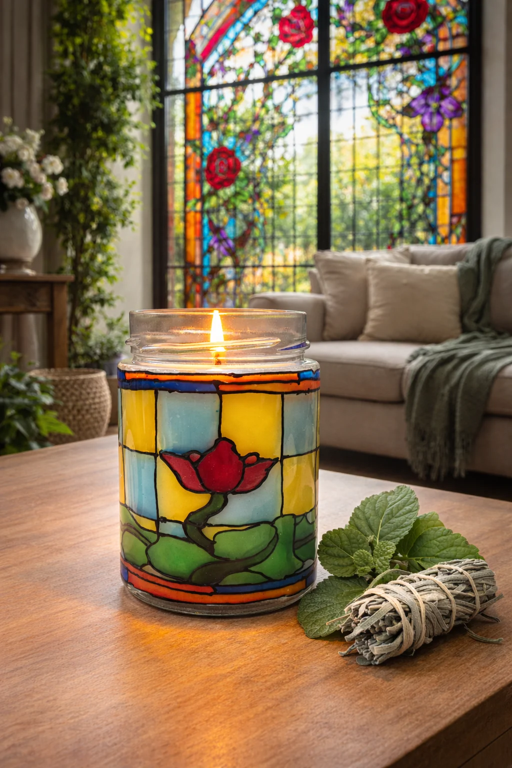 Floare Vitraliu Lumânare parfumată din ceară de soia – borcan vitraliu reutilizabil, lampă decorativă cadou