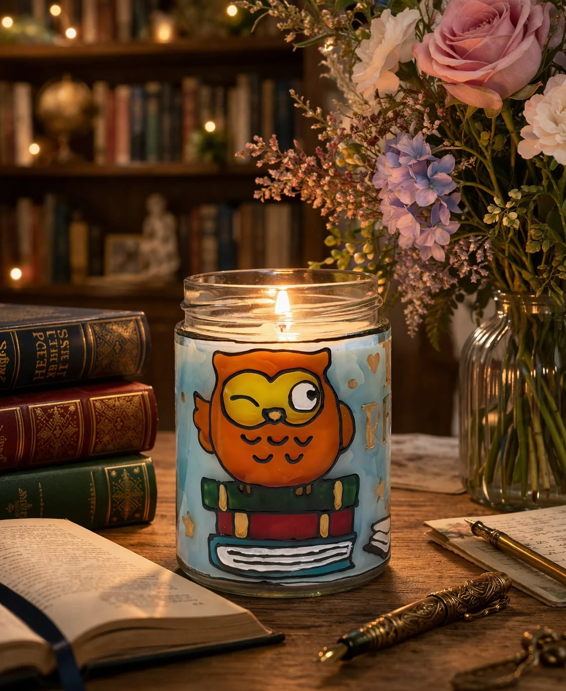 I LOVE READING Lumânare parfumată din ceară de soia – borcan vitraliu reutilizabil, lampă decorativă cadou