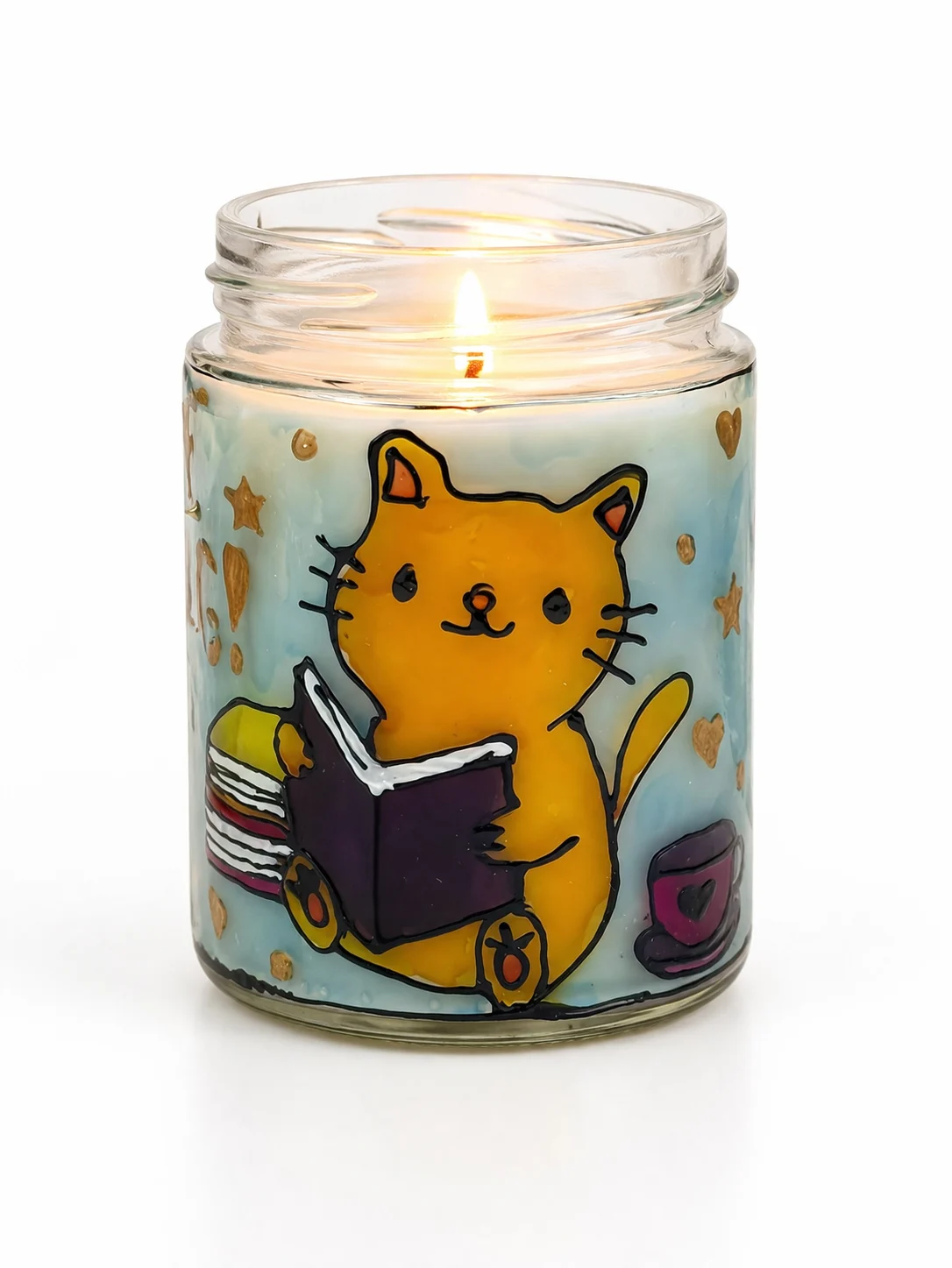 I LOVE READING Lumânare parfumată din ceară de soia – borcan vitraliu reutilizabil, lampă decorativă cadou