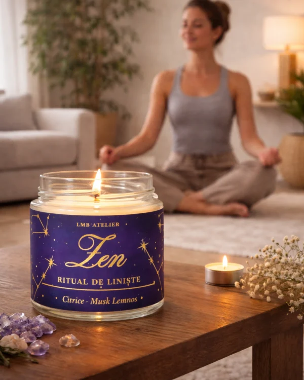 Lumânare parfumată din ceară de soia Zen – Ritual de Liniște | Citrice & Musk Lemnos | Fitil din lemn