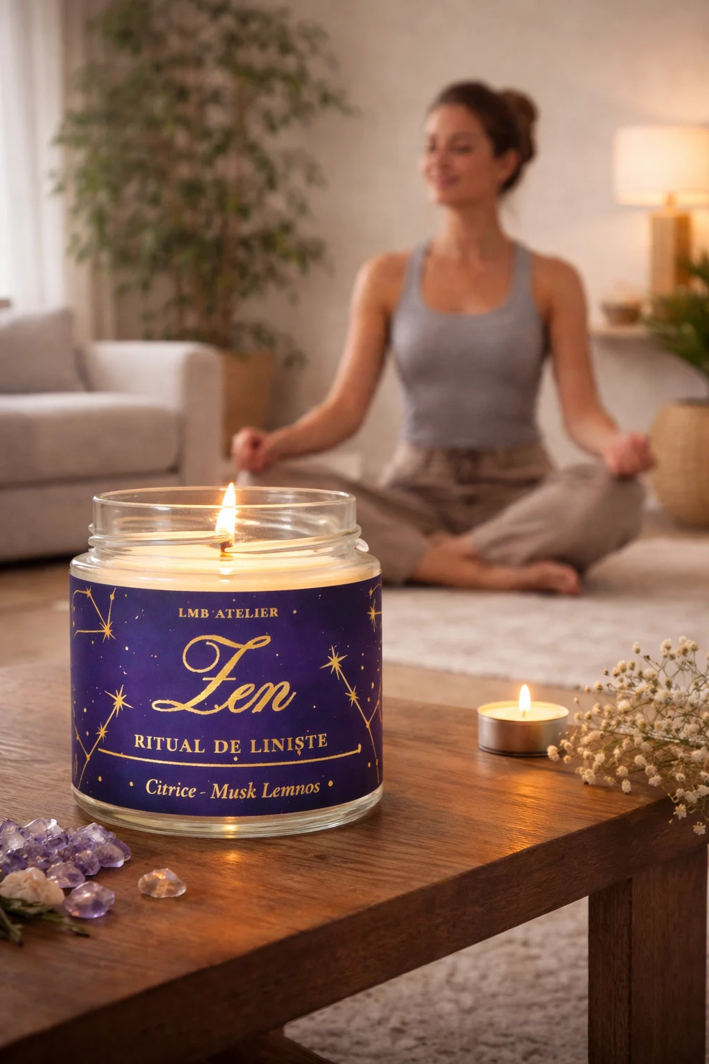 Lumânare parfumată din ceară de soia Zen – Ritual de Liniște | Citrice & Musk Lemnos | Fitil din lemn