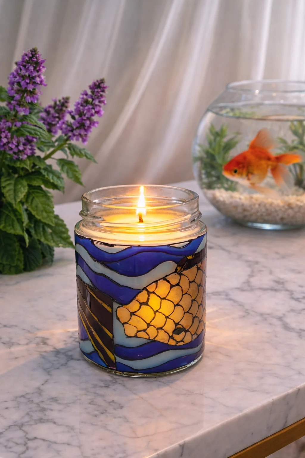 Lumânare parfumată Patchouli din ceară de soia – borcan decorativ pictat manual, lampă de veghe 2-în-1